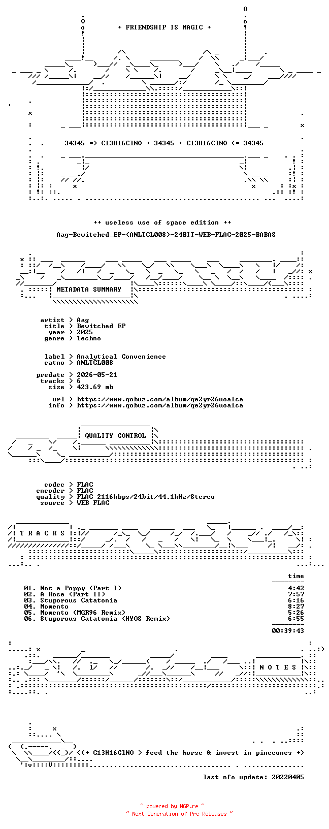 NFO for the release Aag-Bewitched_EP-(ANLTCL008)-24BIT-WEB-FLAC-2025-BABAS by BABAS