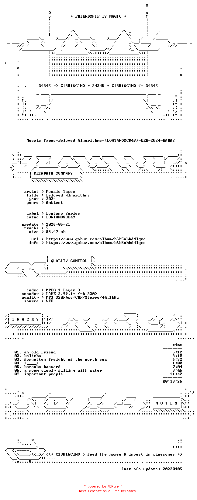 NFO for the release Mosaic_Tapes-Beloved_Algorithms-(LONTANOSCD49)-WEB-2024-BABAS by BABAS