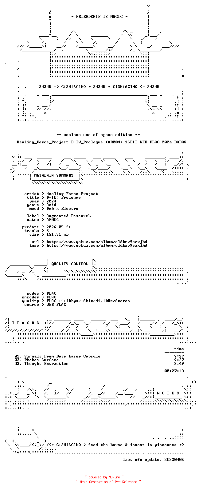 NFO for the release Healing_Force_Project-D-IW_Prologue-(AR004)-16BIT-WEB-FLAC-2024-BABAS by BABAS