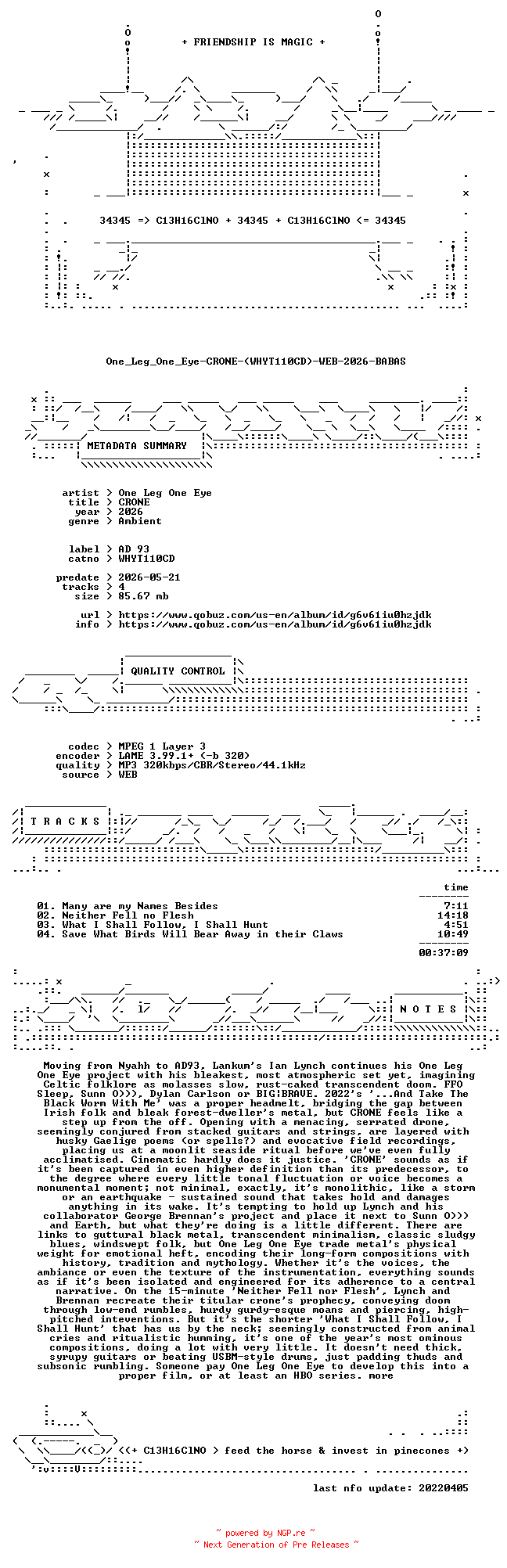 NFO for the release One_Leg_One_Eye-CRONE-(WHYT110CD)-WEB-2026-BABAS by BABAS