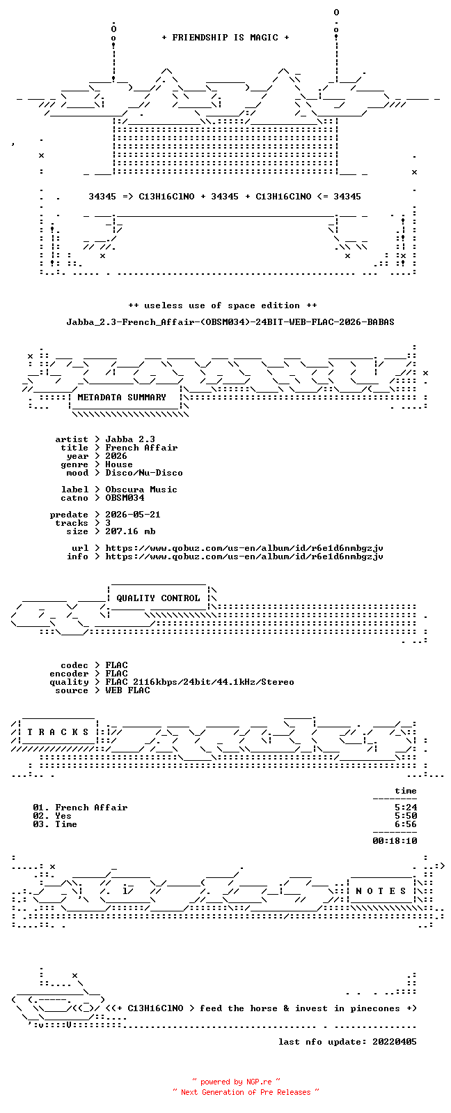 NFO for the release Jabba_2.3-French_Affair-(OBSM034)-24BIT-WEB-FLAC-2026-BABAS by BABAS