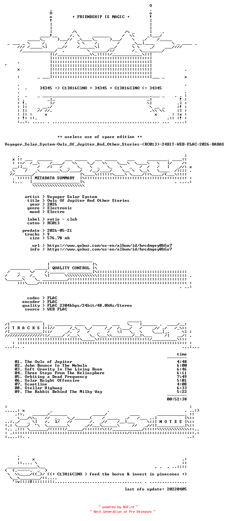 NFO for the release Voyager_Solar_System-Owls_Of_Jupiter_And_Other_Stories-(RC013)-24BIT-WEB-FLAC-2026-BABAS by BABAS