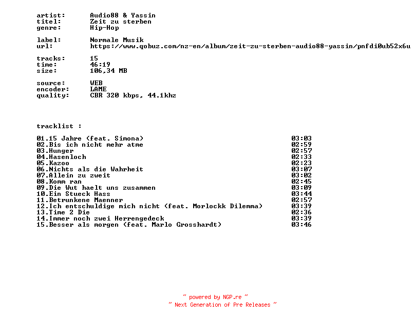 NFO for the release Audio88_And_Yassin_-_Zeit_Zu_Sterben-WEB-DE-2026-BITCOINS by BITCOINS