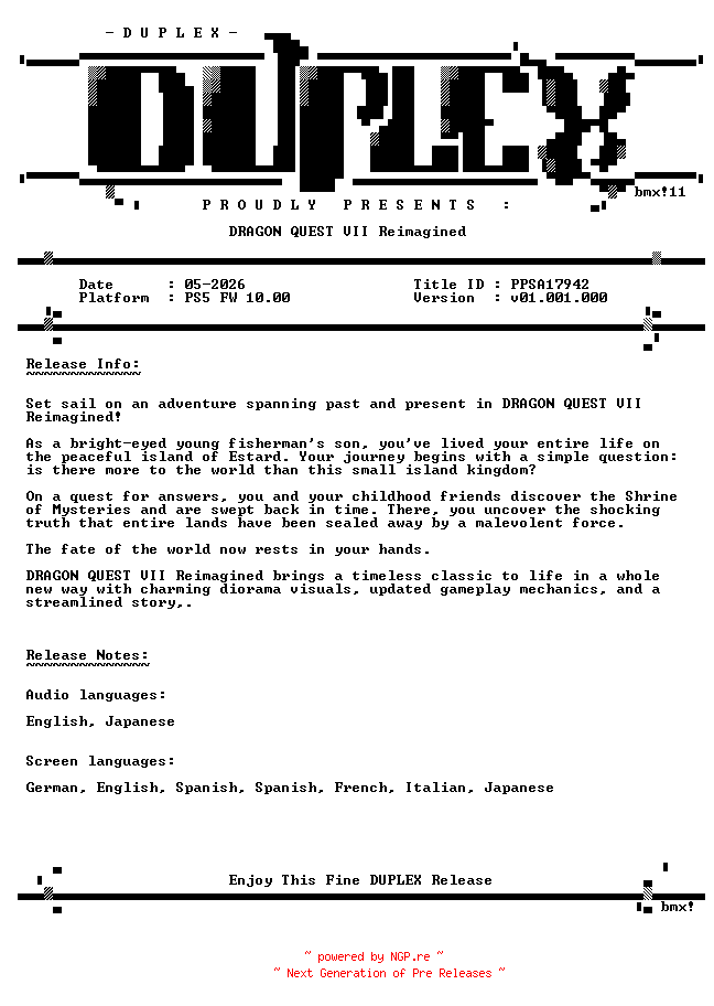 NFO for the release DRAGON.QUEST.VII.Reimagined.PS5-DUPLEX by DUPLEX