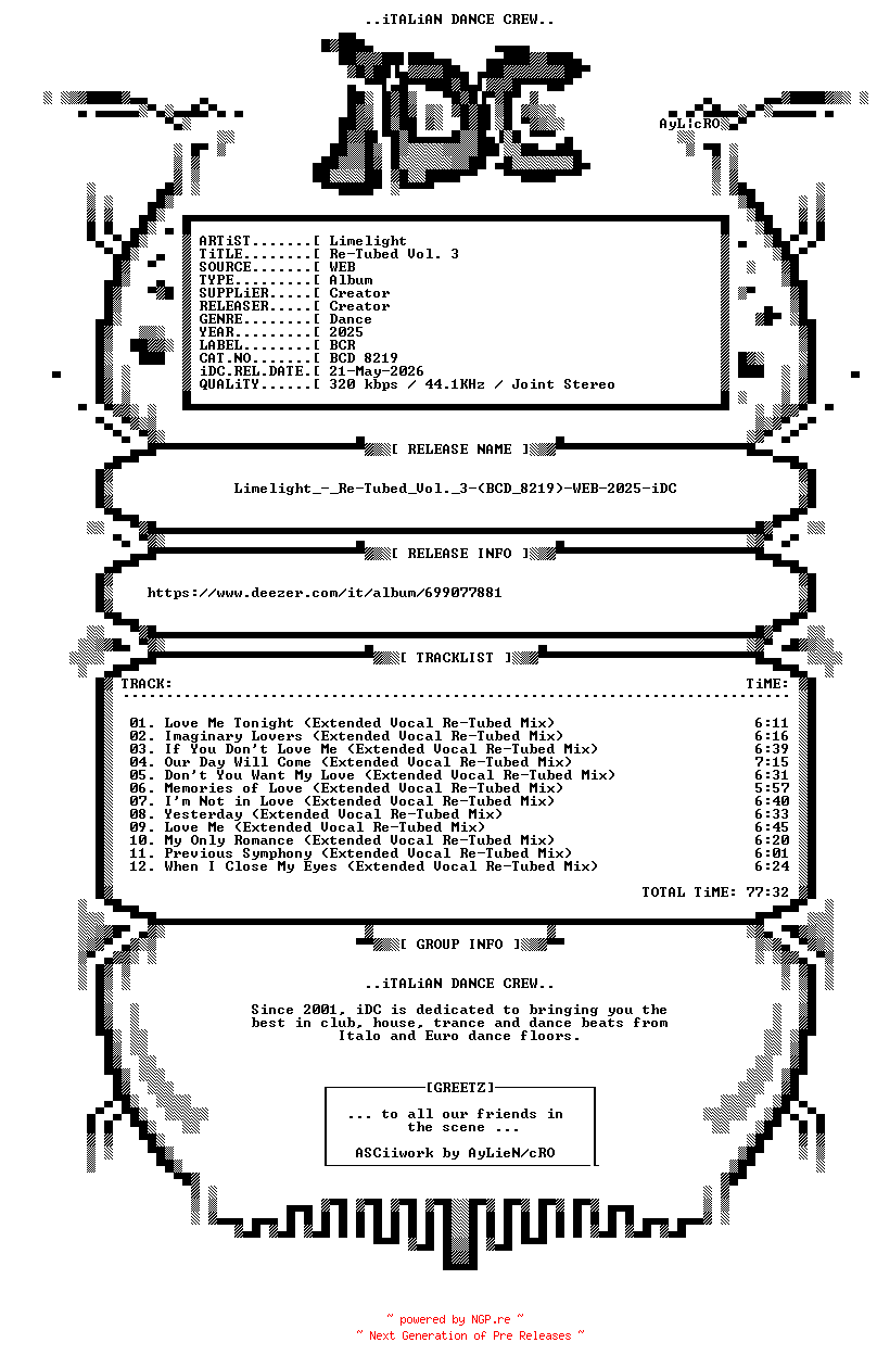 NFO for the release Limelight_-_Re-Tubed_Vol._3-(BCD_8219)-WEB-2025-iDC by iDC
