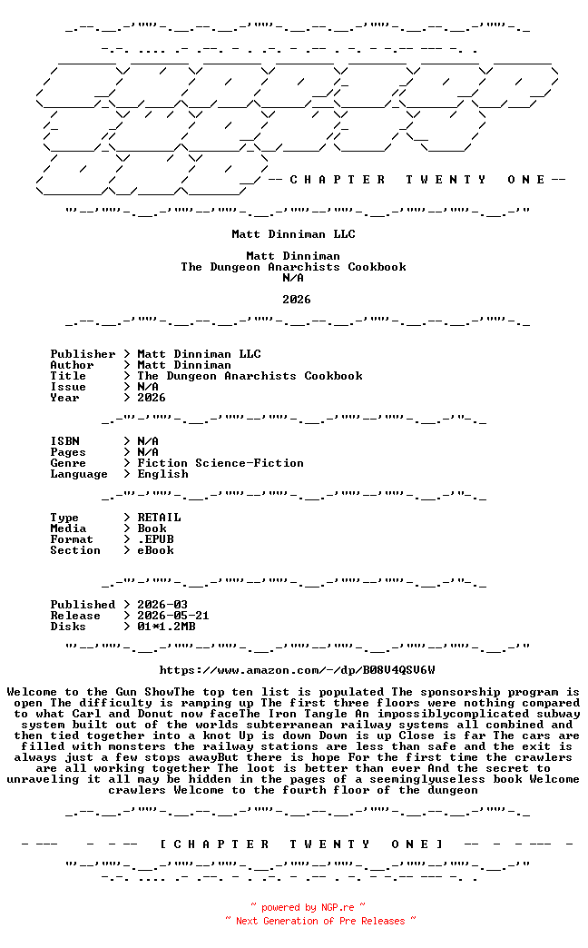 NFO for the release Matt.Dinniman.-.The.Dungeon.Anarchists.Cookbook.2026.RETAIL.EPUB.eBook-CTO by CTO