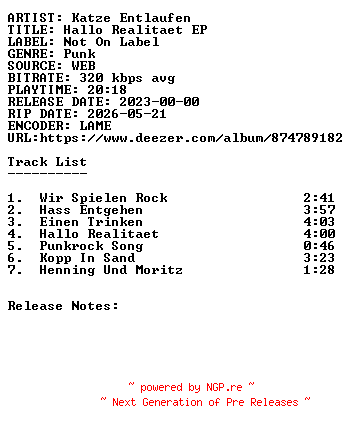 NFO for the release Katze_Entlaufen-Hallo_Realitaet_EP-WEB-DE-2023-SDR by SDR