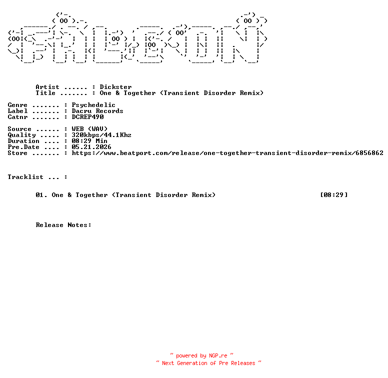 NFO for the release Dickster-One_And_Together_Transient_Disorder_Remix-(DCREP490)-SINGLE-WEB-2026-FALCON by FALCON