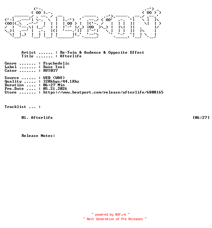 NFO for the release Re-Twin_And_Audence_And_Opposite_Effect-Afterlife-(RVT037)-SINGLE-WEB-2026-FALCON by FALCON