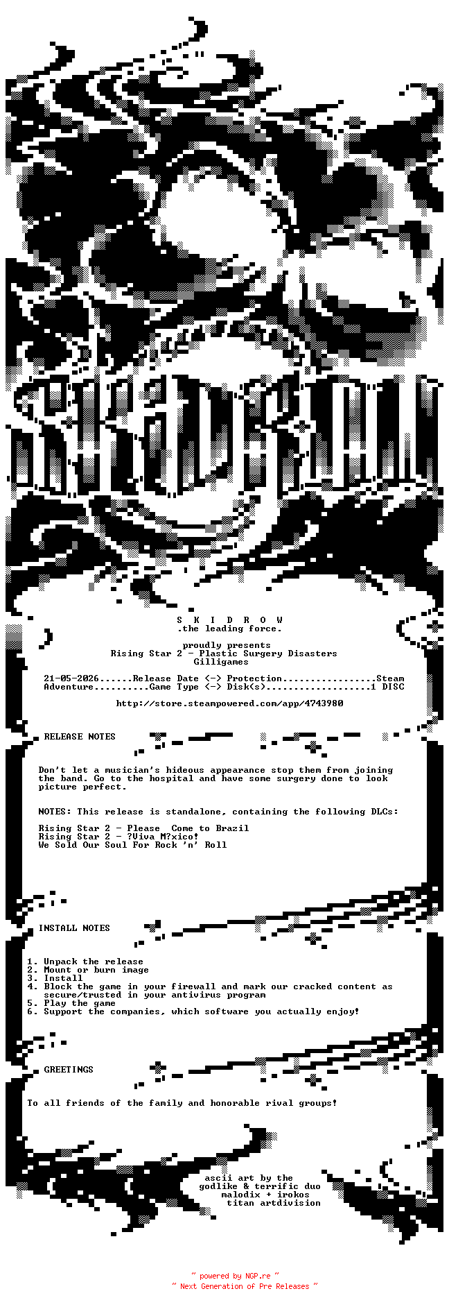 NFO for the release Rising.Star.2.Plastic.Surgery.Disasters-SKIDROW by SKIDROW