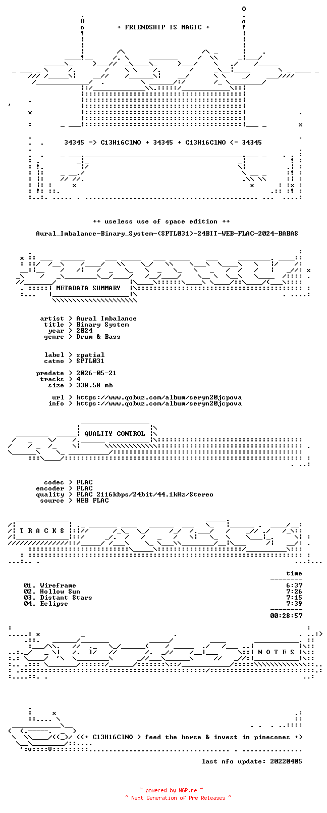 NFO for the release Aural_Imbalance-Binary_System-(SPTL031)-24BIT-WEB-FLAC-2024-BABAS by BABAS
