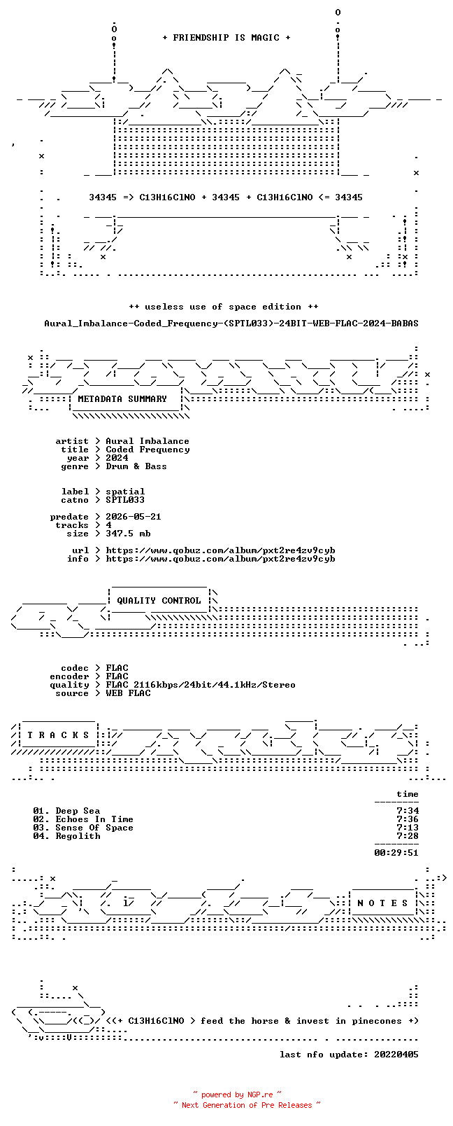 NFO for the release Aural_Imbalance-Coded_Frequency-(SPTL033)-24BIT-WEB-FLAC-2024-BABAS by BABAS