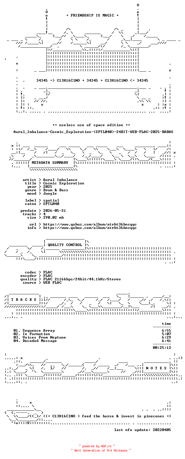 NFO for the release Aural_Imbalance-Cosmic_Exploration-(SPTL040)-24BIT-WEB-FLAC-2025-BABAS by BABAS