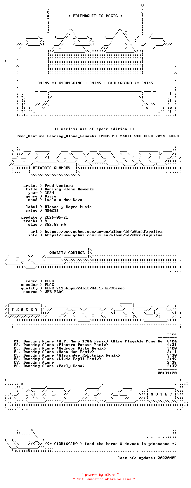NFO for the release Fred_Ventura-Dancing_Alone_Reworks-(MX4231)-24BIT-WEB-FLAC-2024-BABAS by BABAS
