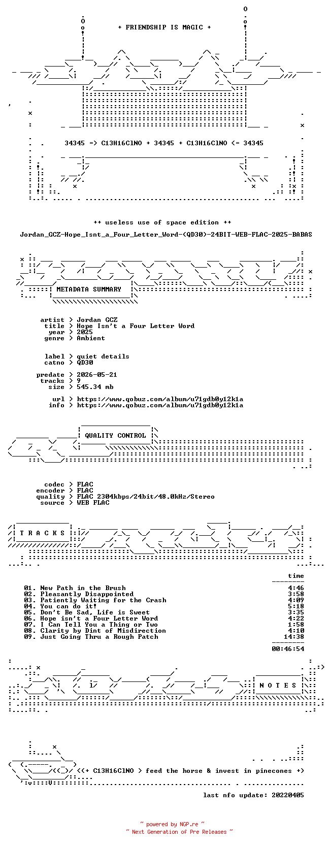 NFO for the release Jordan_GCZ-Hope_Isnt_a_Four_Letter_Word-(QD30)-24BIT-WEB-FLAC-2025-BABAS by BABAS