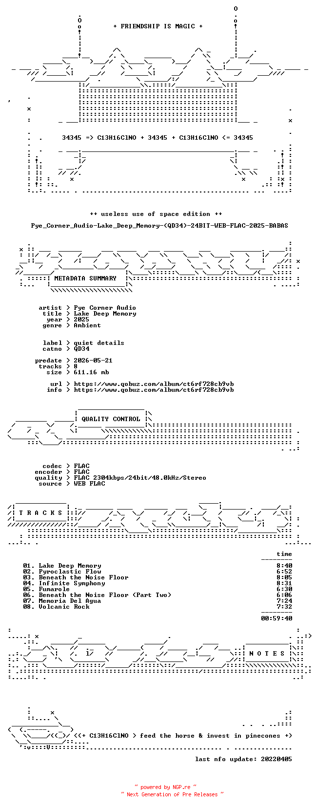NFO for the release Pye_Corner_Audio-Lake_Deep_Memory-(QD34)-24BIT-WEB-FLAC-2025-BABAS by BABAS