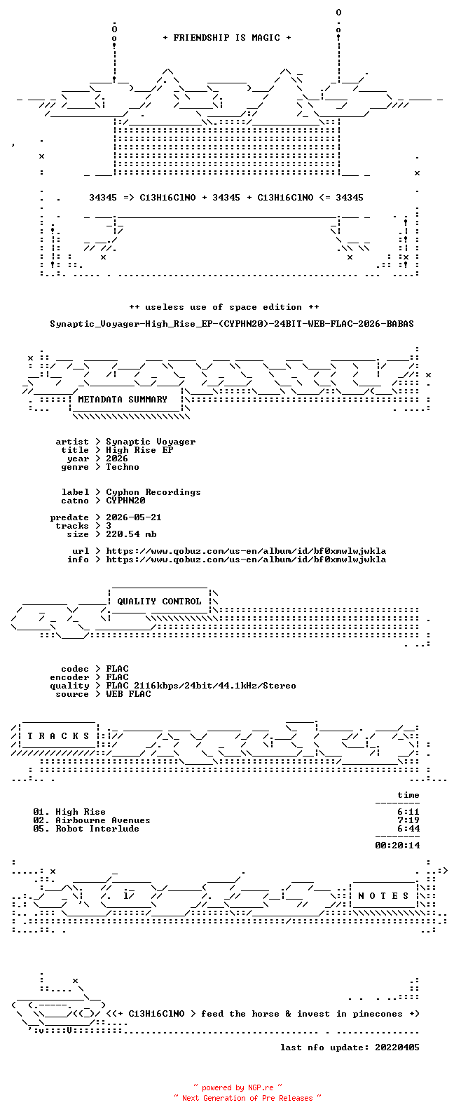 NFO for the release Synaptic_Voyager-High_Rise_EP-(CYPHN20)-24BIT-WEB-FLAC-2026-BABAS by BABAS