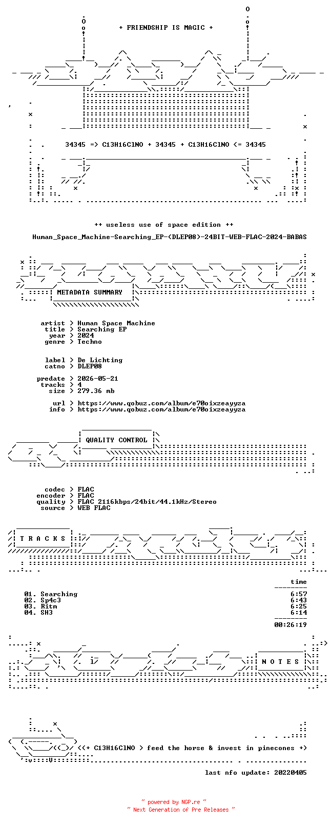 NFO for the release Human_Space_Machine-Searching_EP-(DLEP08)-24BIT-WEB-FLAC-2024-BABAS by BABAS