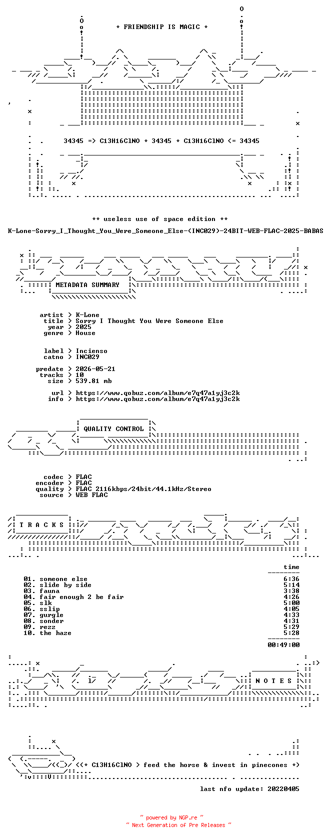 NFO for the release K-Lone-Sorry_I_Thought_You_Were_Someone_Else-(INC029)-24BIT-WEB-FLAC-2025-BABAS by BABAS