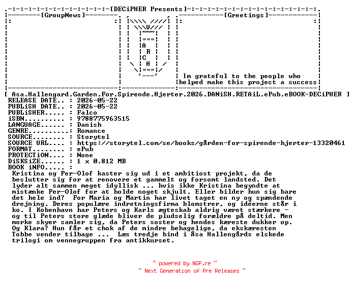 NFO for the release Asa.Hallengard.Garden.For.Spirende.Hjerter.2026.DANiSH.RETAiL.ePub.eBOOK-DECiPHER by DECiPHER