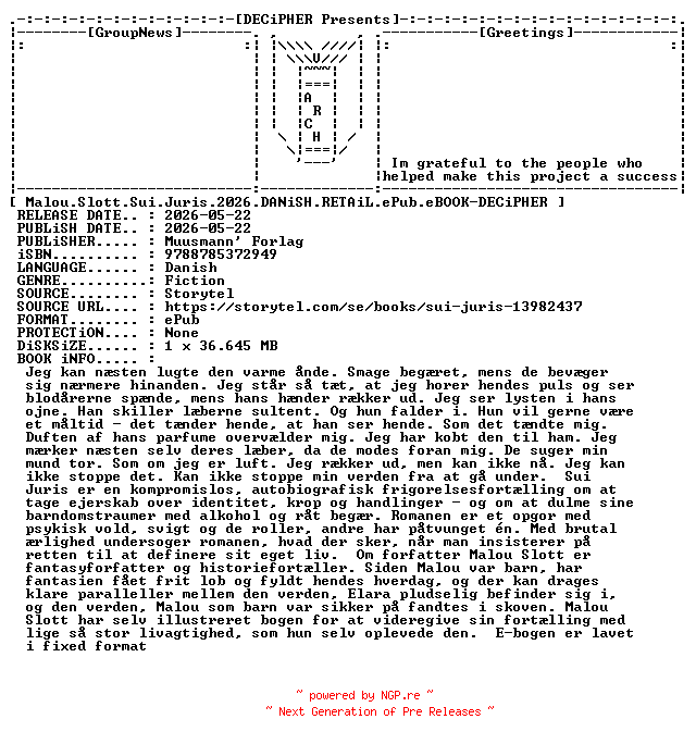 NFO for the release Malou.Slott.Sui.Juris.2026.DANiSH.RETAiL.ePub.eBOOK-DECiPHER by DECiPHER