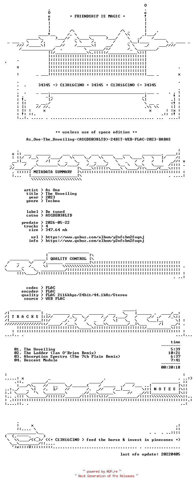 NFO for the release As_One-The_Unveiling-(ASGDE038LTD)-24BIT-WEB-FLAC-2023-BABAS by BABAS