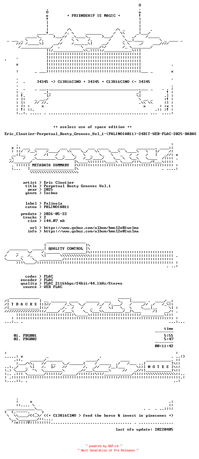 NFO for the release Eric_Cloutier-Perpetual_Booty_Grooves_Vol_1-(PALINOIA011)-24BIT-WEB-FLAC-2025-BABAS by BABAS