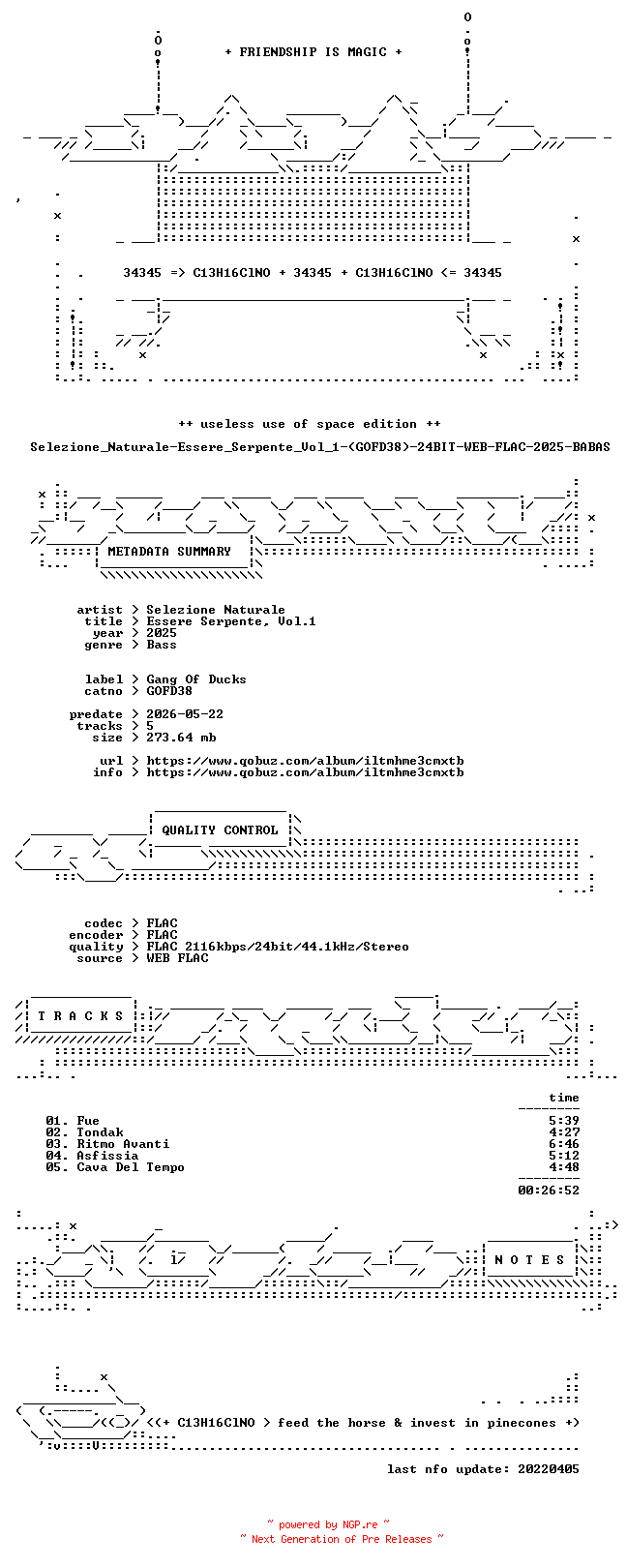 NFO for the release Selezione_Naturale-Essere_Serpente_Vol_1-(GOFD38)-24BIT-WEB-FLAC-2025-BABAS by BABAS