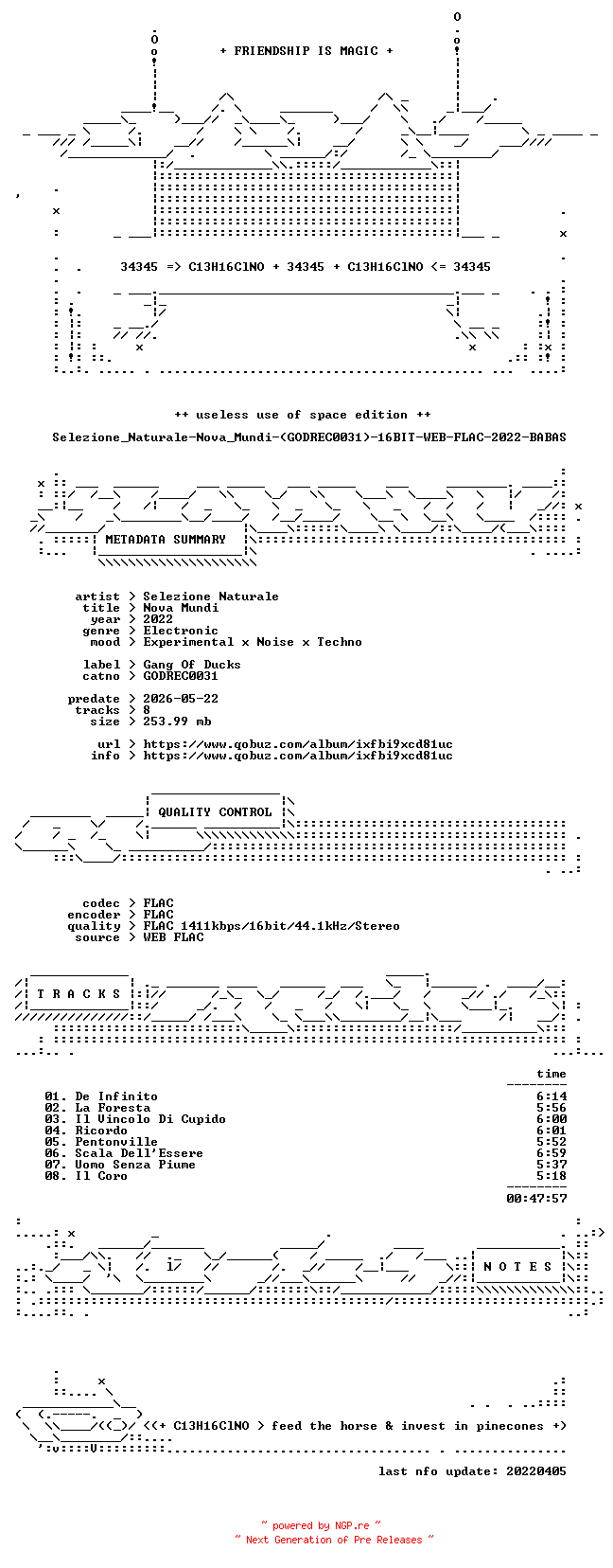 NFO for the release Selezione_Naturale-Nova_Mundi-(GODREC0031)-16BIT-WEB-FLAC-2022-BABAS by BABAS