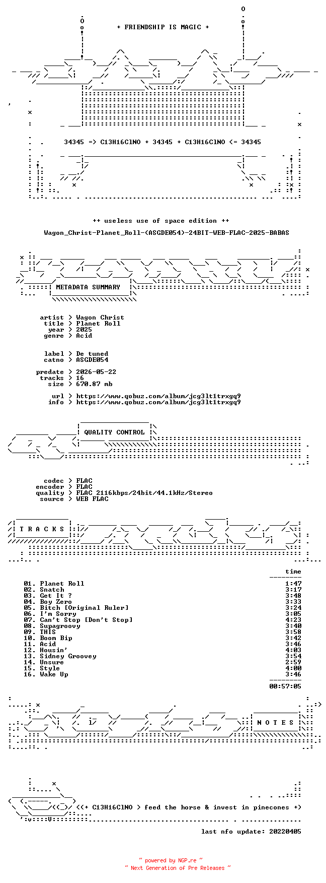 NFO for the release Wagon_Christ-Planet_Roll-(ASGDE054)-24BIT-WEB-FLAC-2025-BABAS by BABAS