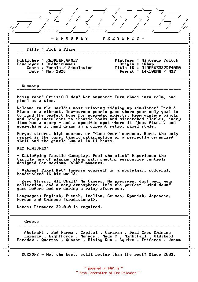 NFO for the release Pick_and_Place_NSW-SUXXORS by SUXXORS