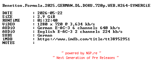 NFO for the release Benetton.Formula.2025.GERMAN.DL.DOKU.720p.WEB.H264-SYNERGiE by SYNERGiE