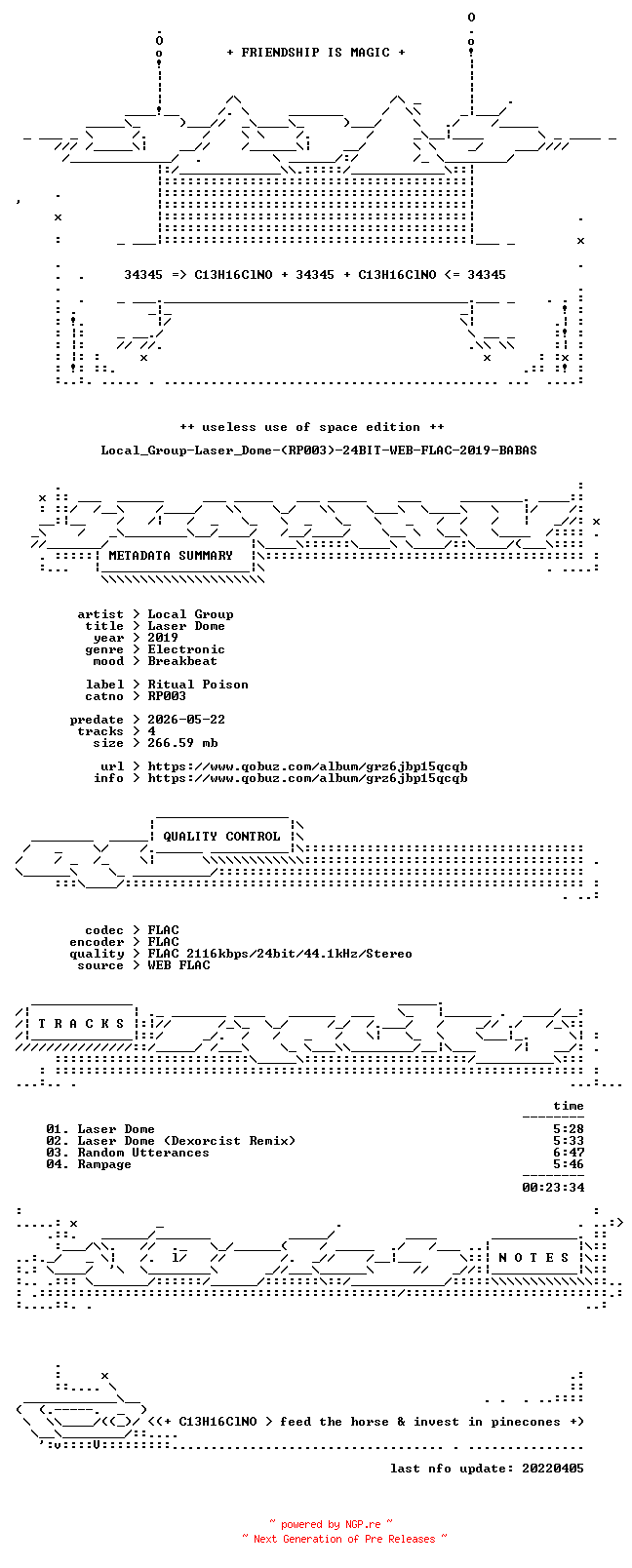 NFO for the release Local_Group-Laser_Dome-(RP003)-24BIT-WEB-FLAC-2019-BABAS by BABAS