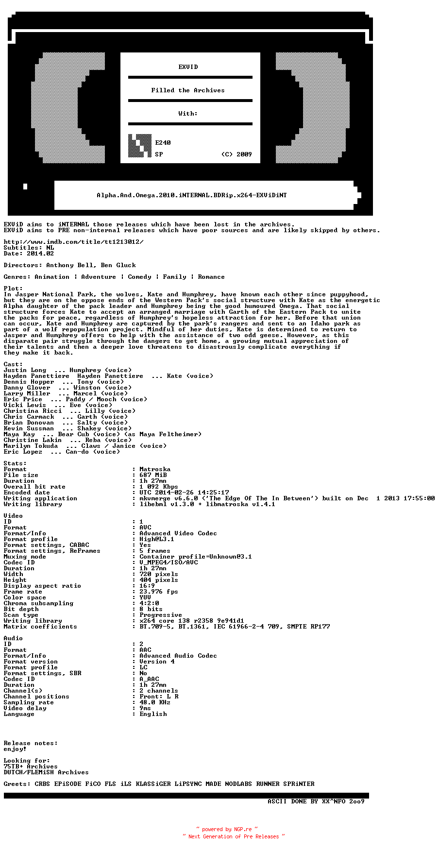 NFO for the release Alpha.And.Omega.2010.iNTERNAL.BDRip.x264-EXViDiNT by EXViDiNT