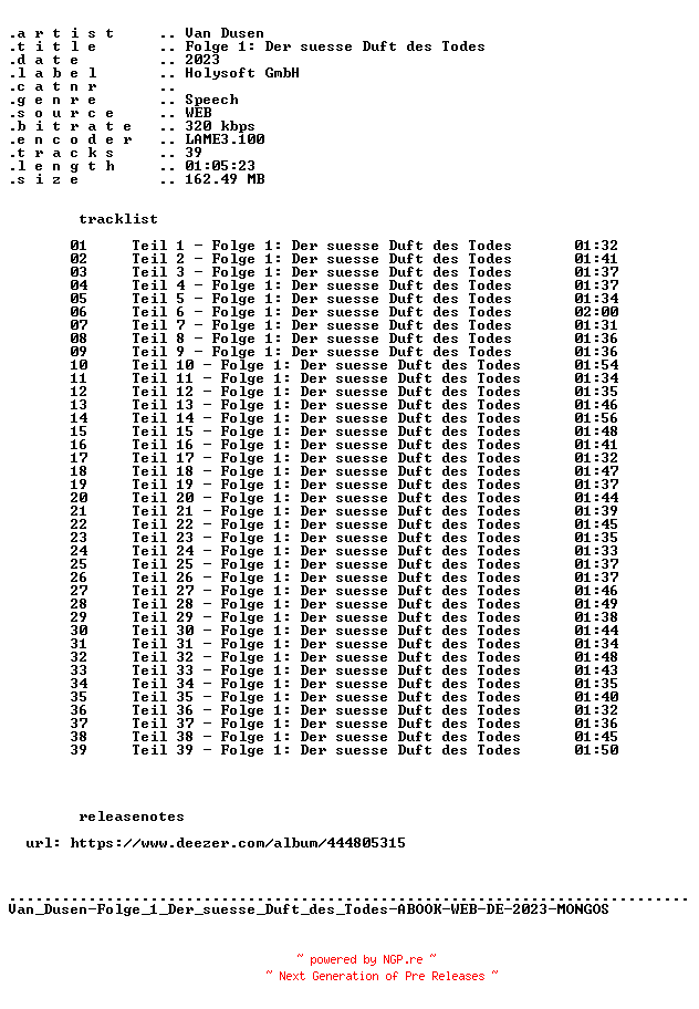 NFO for the release Van_Dusen-Folge_01_Der_suesse_Duft_des_Todes-ABOOK-WEB-DE-2023-MONGOS by MONGOS