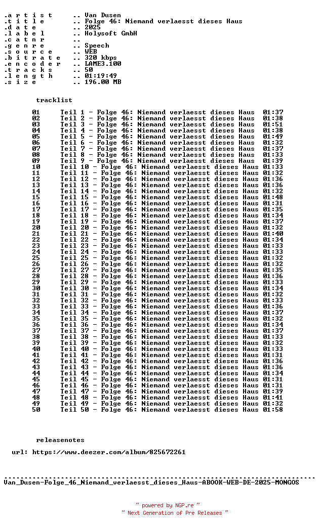 NFO for the release Van_Dusen-Folge_46_Niemand_verlaesst_dieses_Haus-ABOOK-WEB-DE-2025-MONGOS by MONGOS