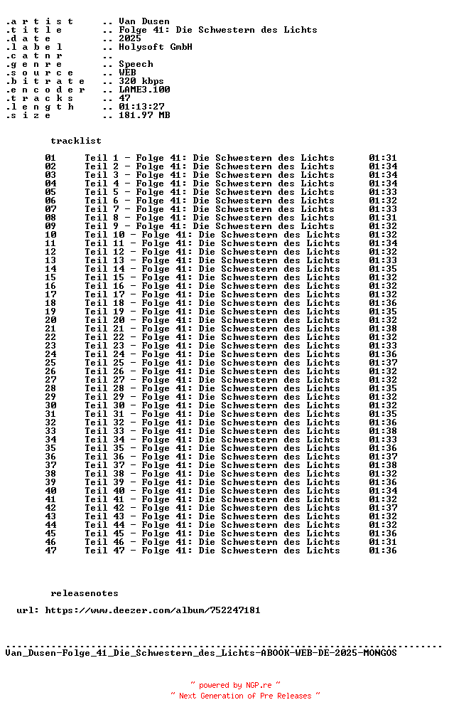 NFO for the release Van_Dusen-Folge_41_Die_Schwestern_des_Lichts-ABOOK-WEB-DE-2025-MONGOS by MONGOS