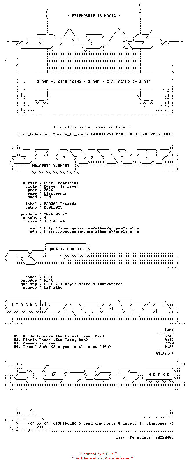 NFO for the release Freek_Fabricius-Zweven_Is_Leven-(030EP025)-24BIT-WEB-FLAC-2026-BABAS by BABAS