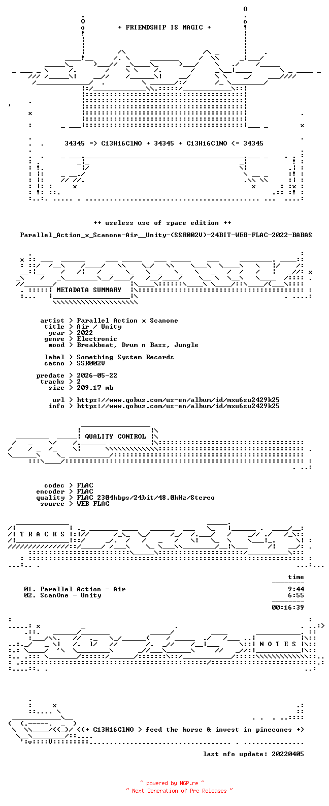 NFO for the release Parallel_Action_x_Scanone-Air__Unity-(SSR002V)-24BIT-WEB-FLAC-2022-BABAS by BABAS
