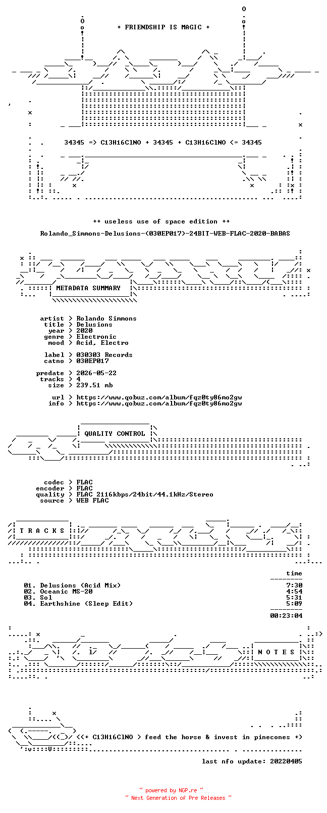 NFO for the release Rolando_Simmons-Delusions-(030EP017)-24BIT-WEB-FLAC-2020-BABAS by BABAS