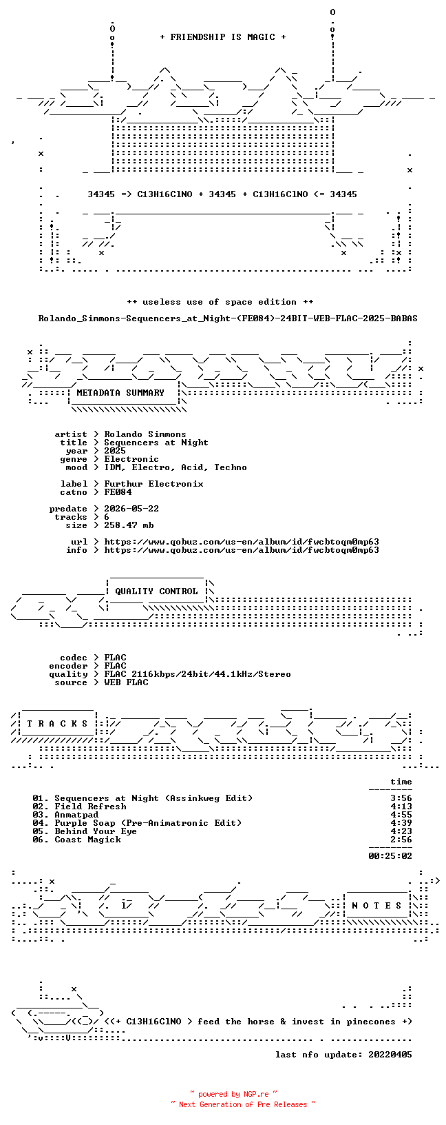NFO for the release Rolando_Simmons-Sequencers_at_Night-(FE084)-24BIT-WEB-FLAC-2025-BABAS by BABAS