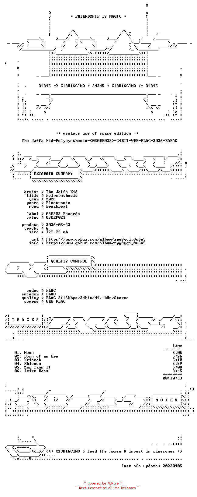 NFO for the release The_Jaffa_Kid-Polysynthesis-(030EP023)-24BIT-WEB-FLAC-2026-BABAS by BABAS