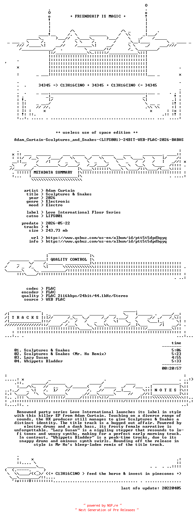 NFO for the release Adam_Curtain-Sculptures_and_Snakes-(LIFS001)-24BIT-WEB-FLAC-2026-BABAS by BABAS