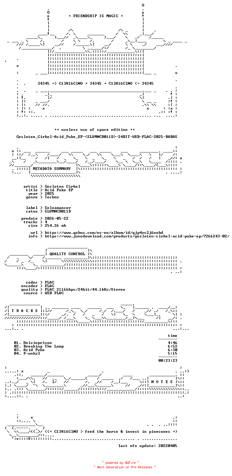 NFO for the release Gesloten_Cirkel-Acid_Puke_EP-(SLVMNCR011D)-24BIT-WEB-FLAC-2025-BABAS by BABAS