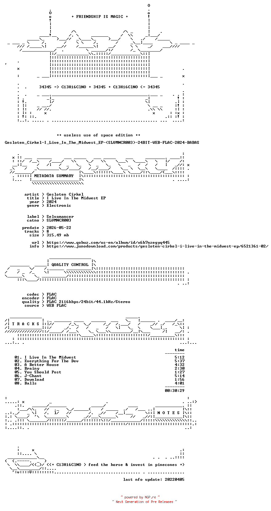 NFO for the release Gesloten_Cirkel-I_Live_In_The_Midwest_EP-(SLVMNCR003)-24BIT-WEB-FLAC-2024-BABAS by BABAS