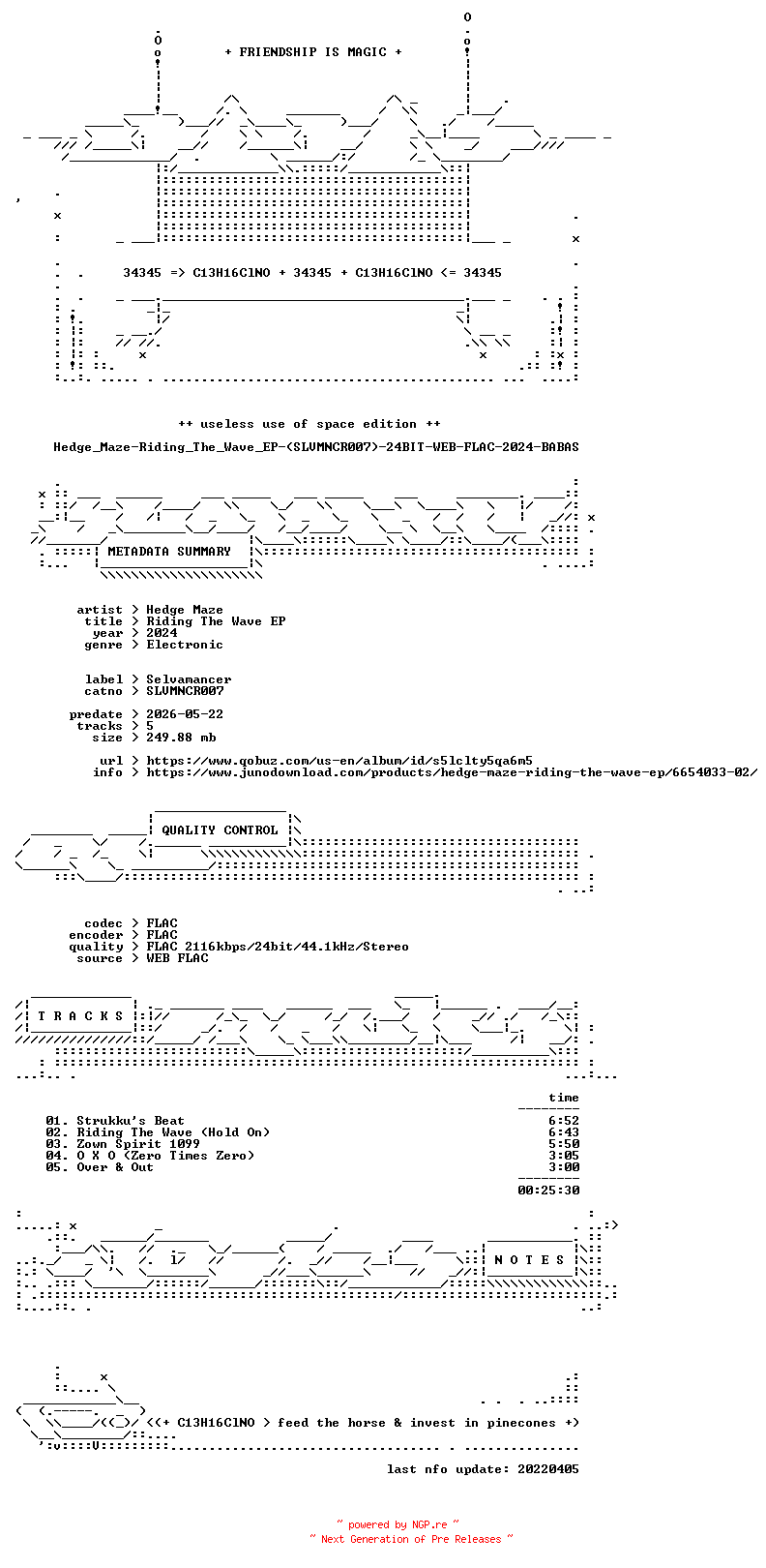 NFO for the release Hedge_Maze-Riding_The_Wave_EP-(SLVMNCR007)-24BIT-WEB-FLAC-2024-BABAS by BABAS