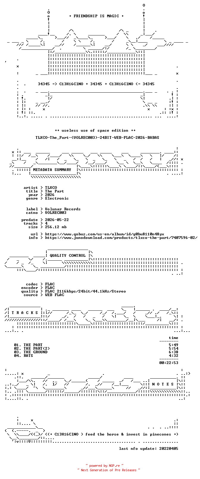 NFO for the release TLXCO-The_Part-(VOLREC003)-24BIT-WEB-FLAC-2026-BABAS by BABAS