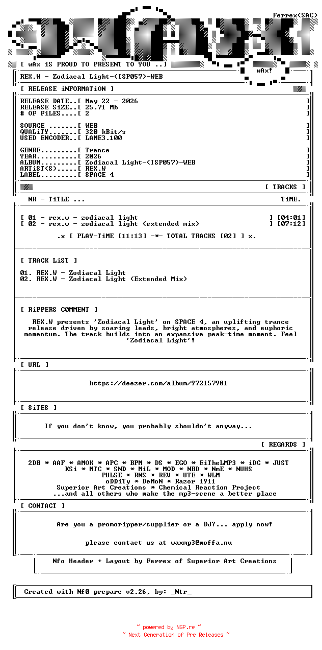 NFO for the release REX.W-Zodiacal_Light-(ISP057)-WEB-2026-wAx by wAx