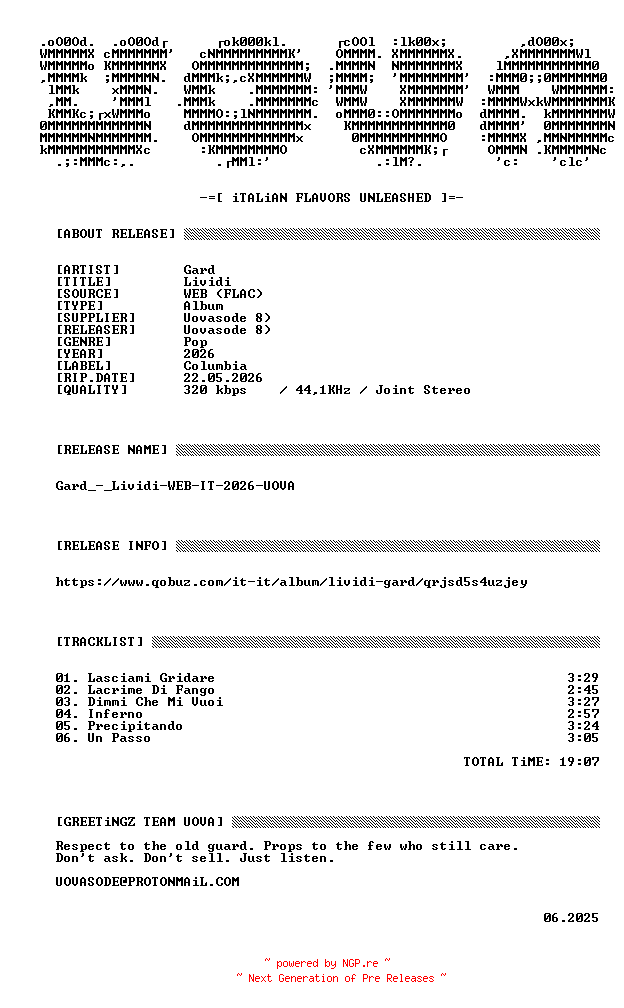 NFO for the release Gard_-_Lividi-WEB-IT-2026-UOVA by UOVA