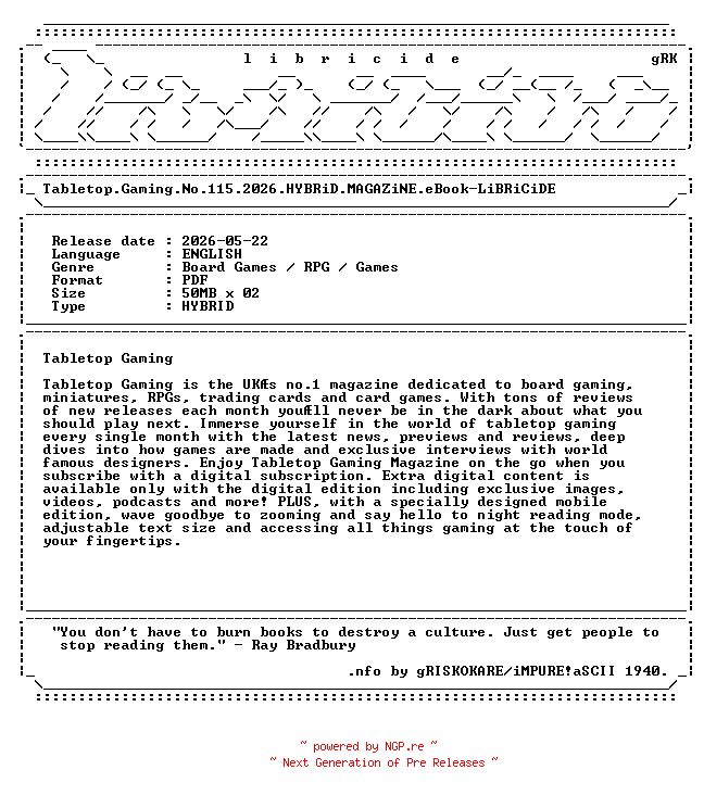 NFO for the release Tabletop.Gaming.No.115.2026.HYBRiD.MAGAZiNE.eBook-LiBRiCiDE by LiBRiCiDE